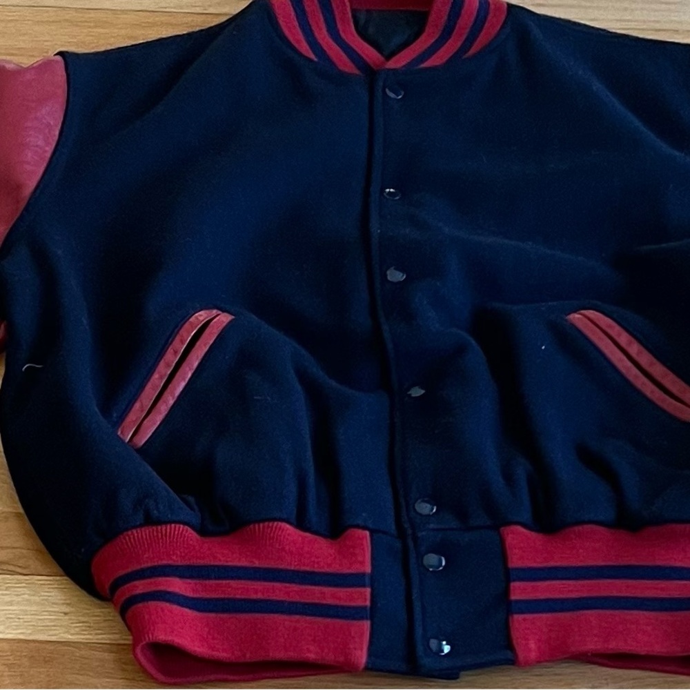 Men’s varsity jacket, vintage, red, and black